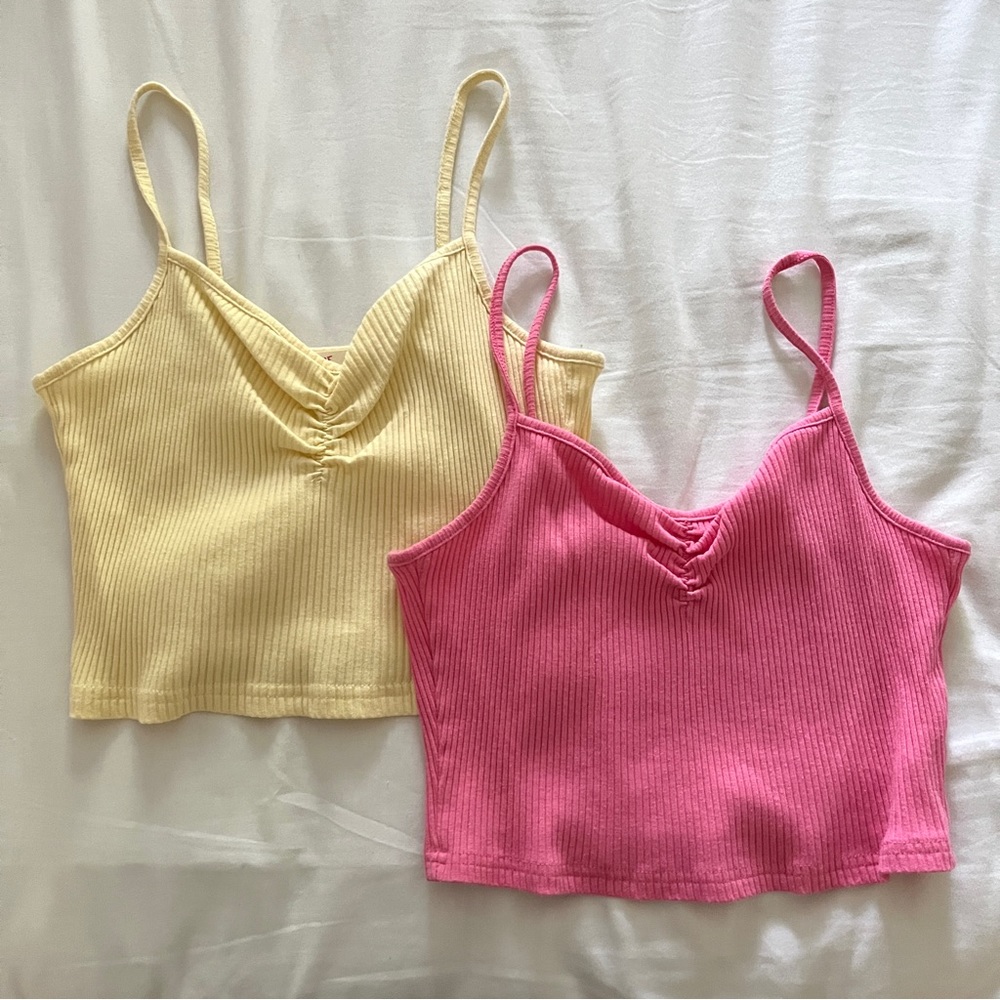 romwe / shein bundle of yellow and hot pink ruched cropped tank tops